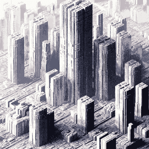 A pixellated, visually processed, sci-fi cityscape.